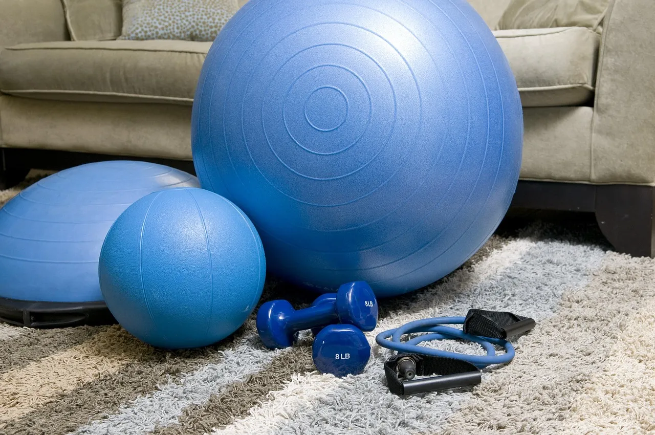 Großer und kleiner Gymnastikball, eine Halbkugel, zwei Hanteln und ein Widerstandsband auf einem Teppich vor einem Sofa