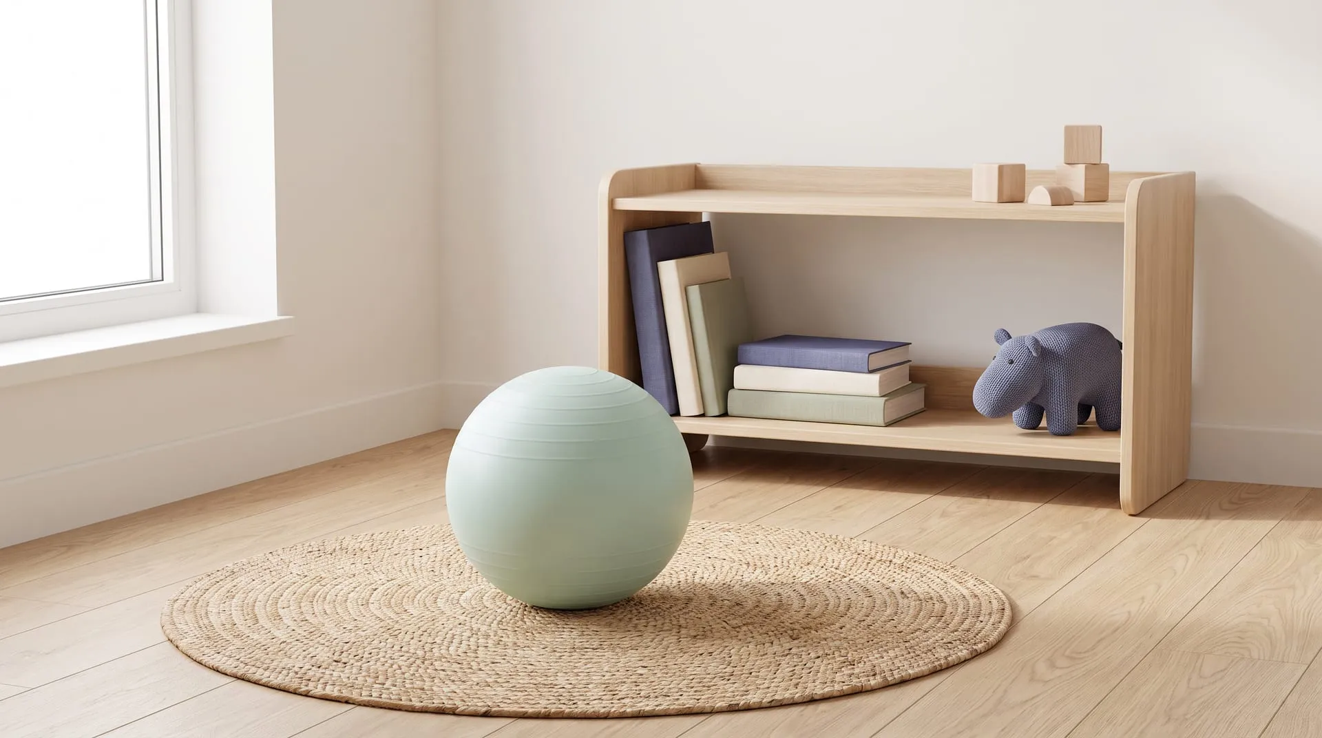 Kinderzimmer mit einem kleinen mintfarbenen Gymnastikball auf einem runden Teppich vor einem Holzregal